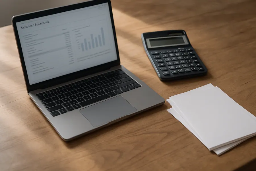 Laptop with financial statements, calculator, and papers, illustrating IPO investment evaluation.