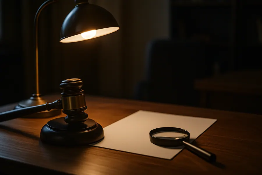 Gavel, legal document, and magnifying glass, representing regulatory compliance in IPO investment.