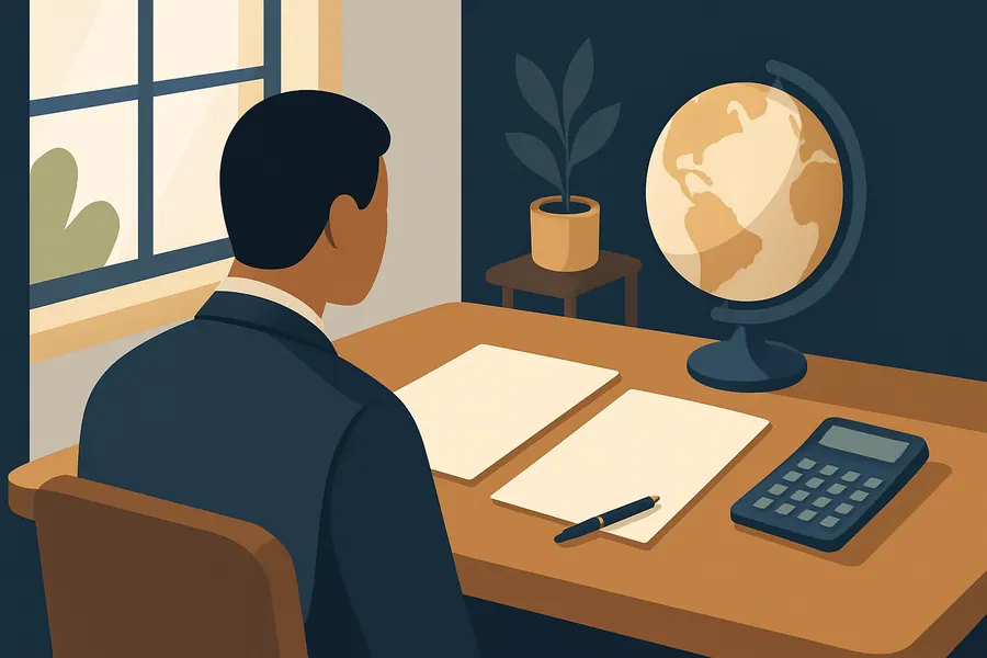 Advisor's office with documents and a globe, illustrating asset class selection for a diversified portfolio.