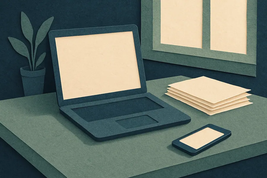Desk with laptop, papers, and smartphone for due diligence on unlisted shares.