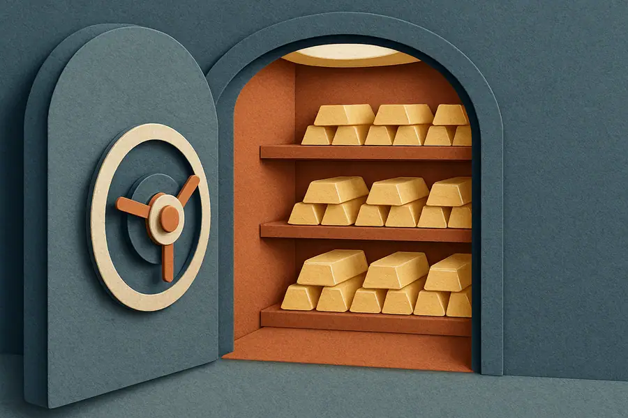 Gold bars in a vault, highlighting the tangible and secure nature of physical gold investments.