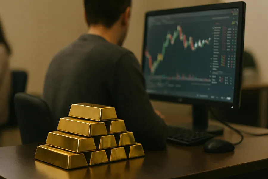 Physical gold bars beside a computer screen showing Gold ETFs, illustrating investment options.