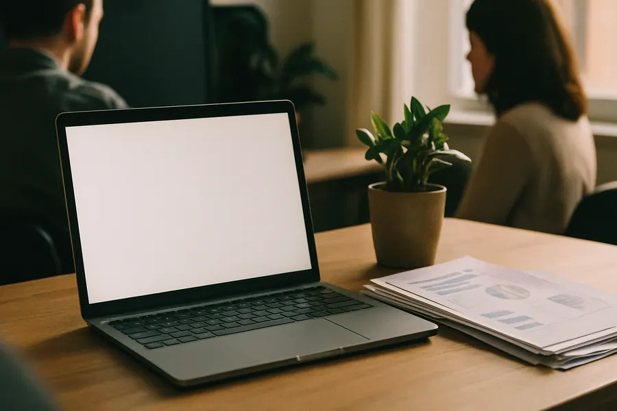 A desk setup for researching ESG funds in India with a laptop and financial reports.