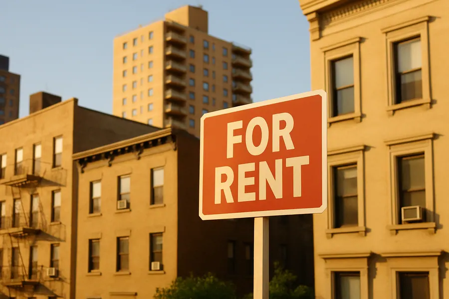 Buildings in India with a for rent sign, highlighting real estate investment.