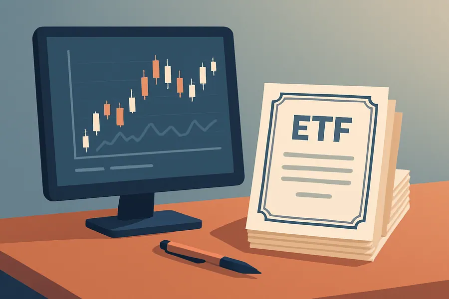 Desk with computer showing stock data and ETF share certificates, illustrating ETF creation and redemption process.